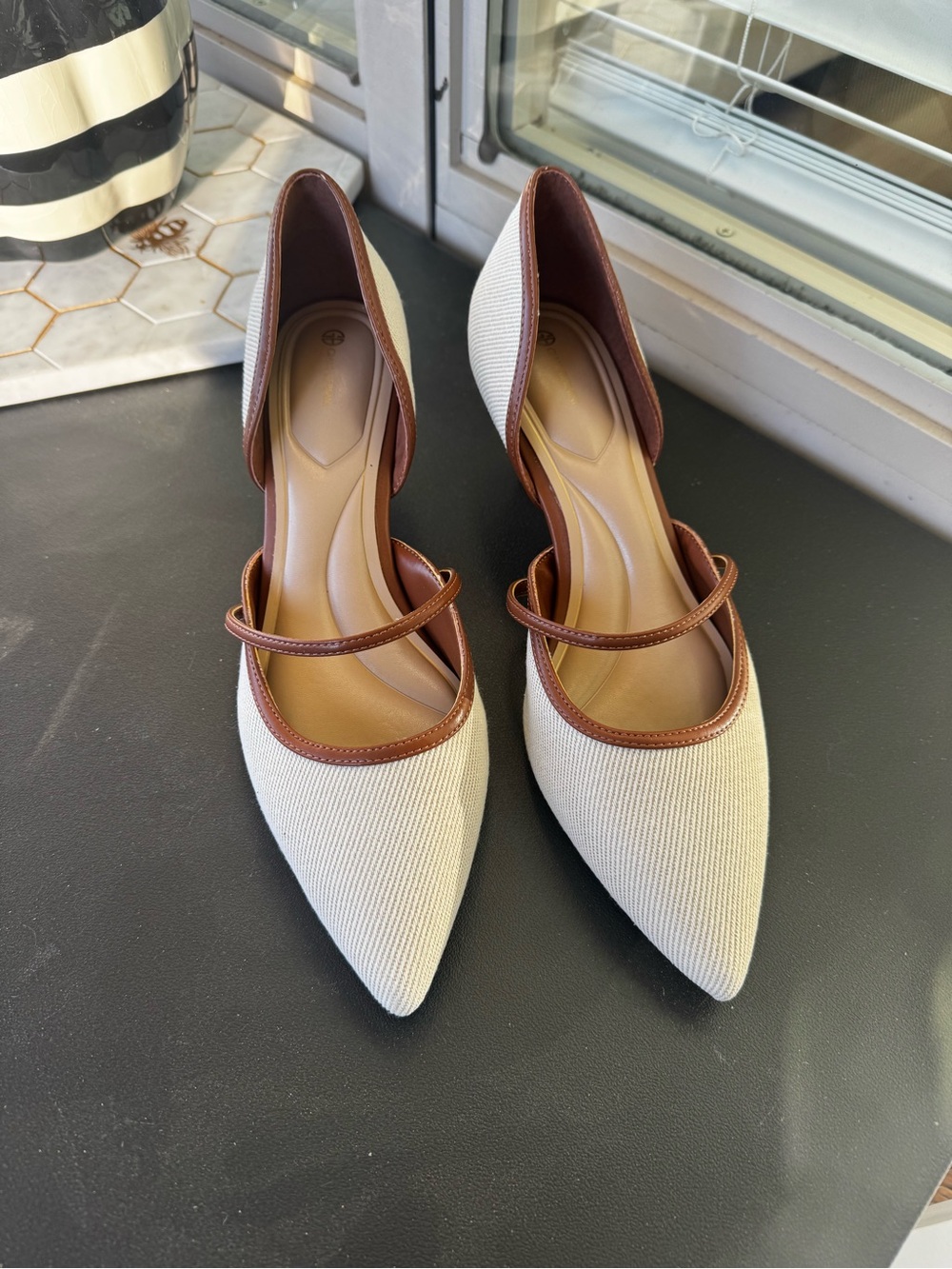 Giani Bernini Cream Pointed Mary Jane Flats with Brown Trim
